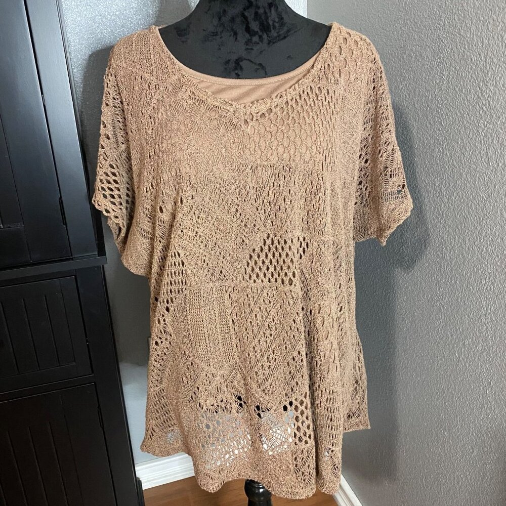 Maria Gabrielle Crochet Knit Top With Inner Tank L‎ Grannycore Boho Indie Brown